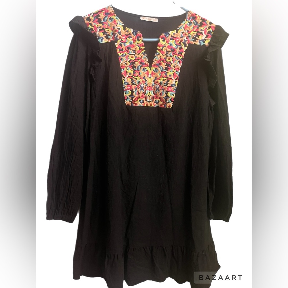 KIRUNDO Women’s black with embrodiey Mini Dress V Neck Bohemia Dress sz XL